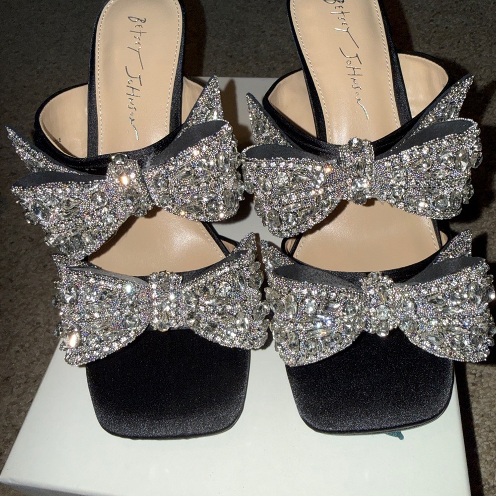 Betsey Johnson Black Heels with Silver Glitter Bows